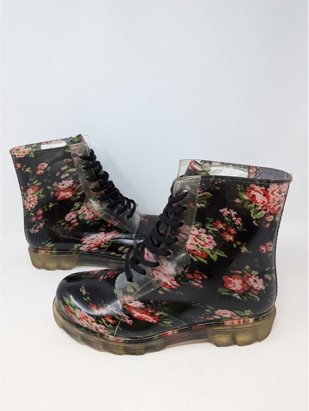 Underground Black Floral Rose Lace-Up Rain Boots Size 9 M Style 133378/FLR